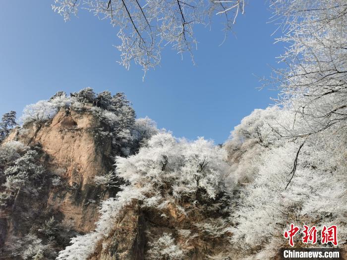 圖為藍(lán)天下霧凇籠罩山脈?！⌒煺袢A 攝
